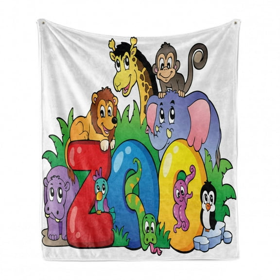 Zoo Soft Flannel Fleece Throw Blanket, Zoo Sign with Various Animals Mascot Cartoon Characters Playful Kids Room Print, Cozy Plush for Indoor and Outdoor Use, 50" x 60", Multicolor, by Ambesonne