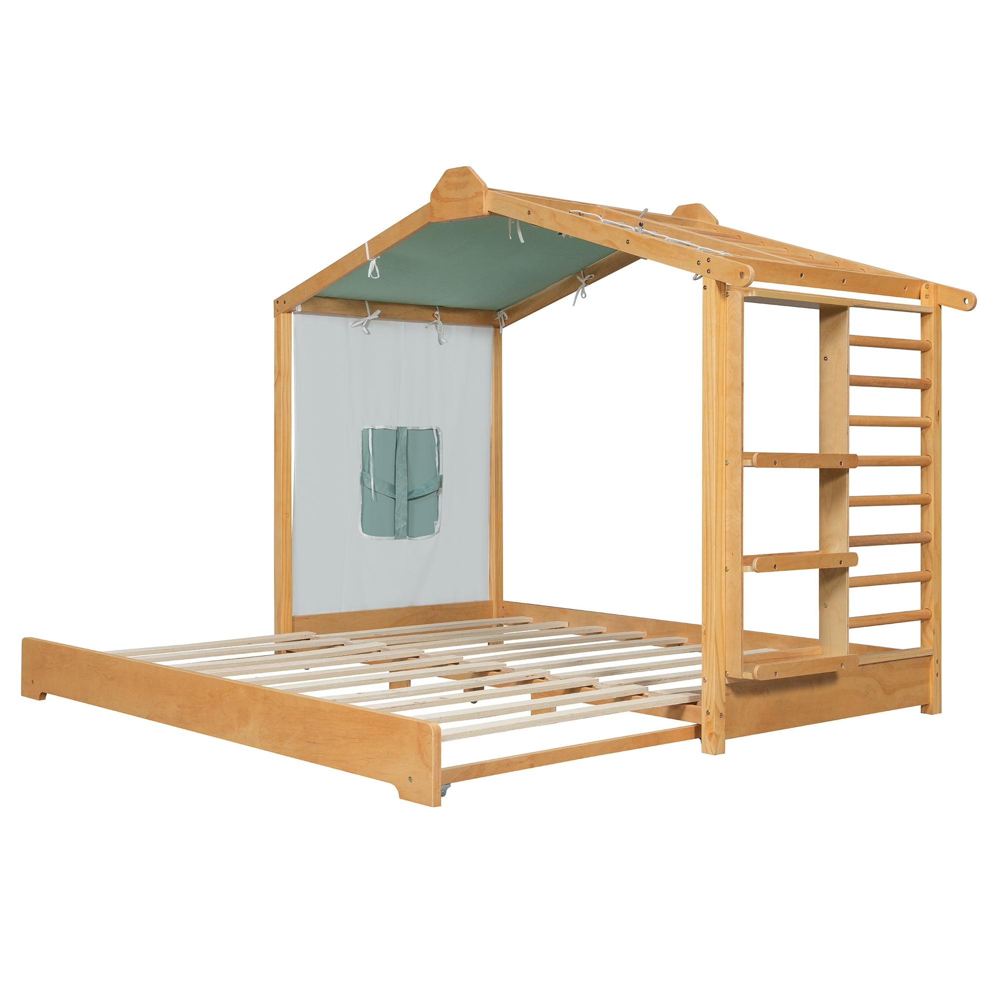 Twin Size House Bed with Twin Size Trundle and Side Shelves, Natural