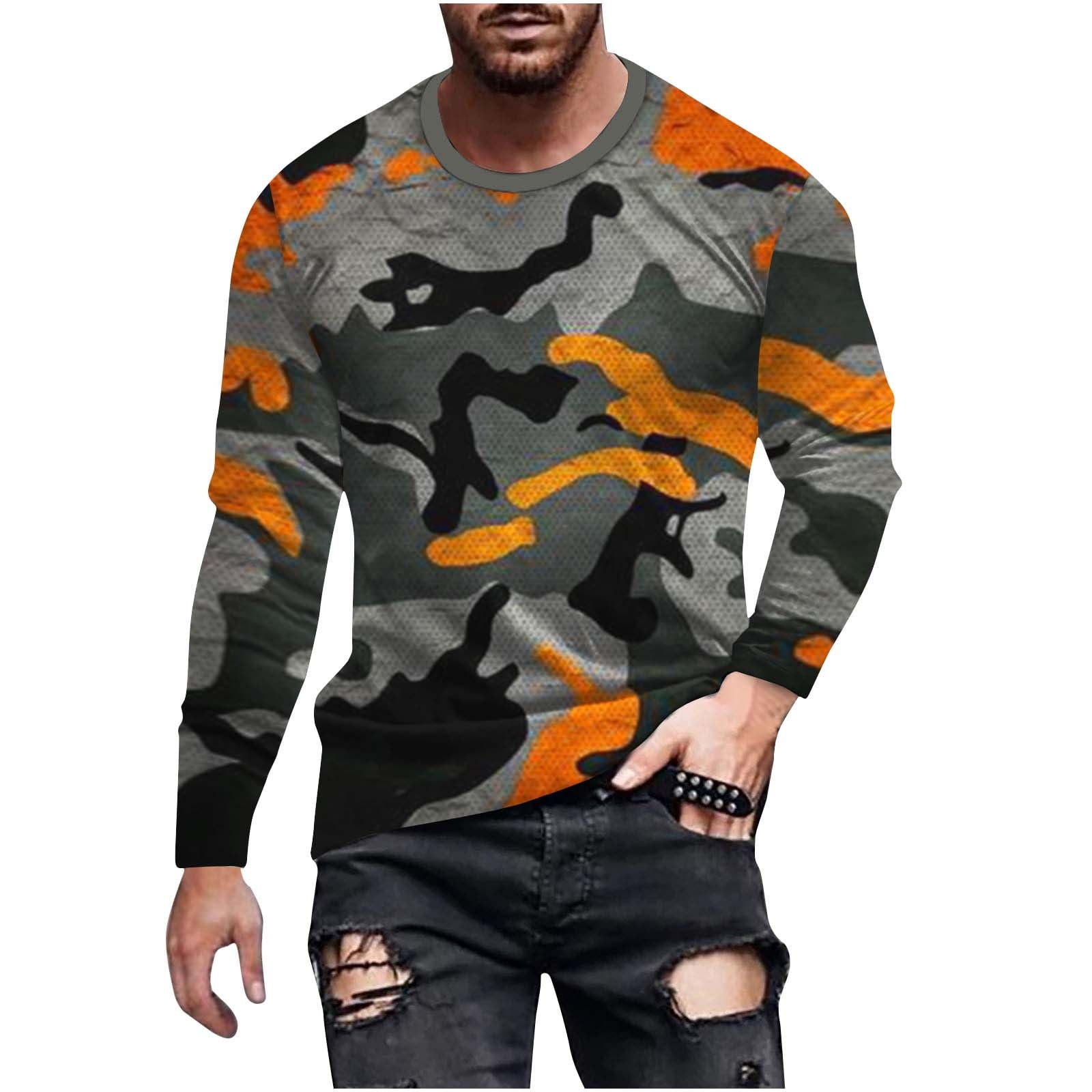Blczomt Boys Shirts Orange Long Sleeve Camouflage Crew Neck