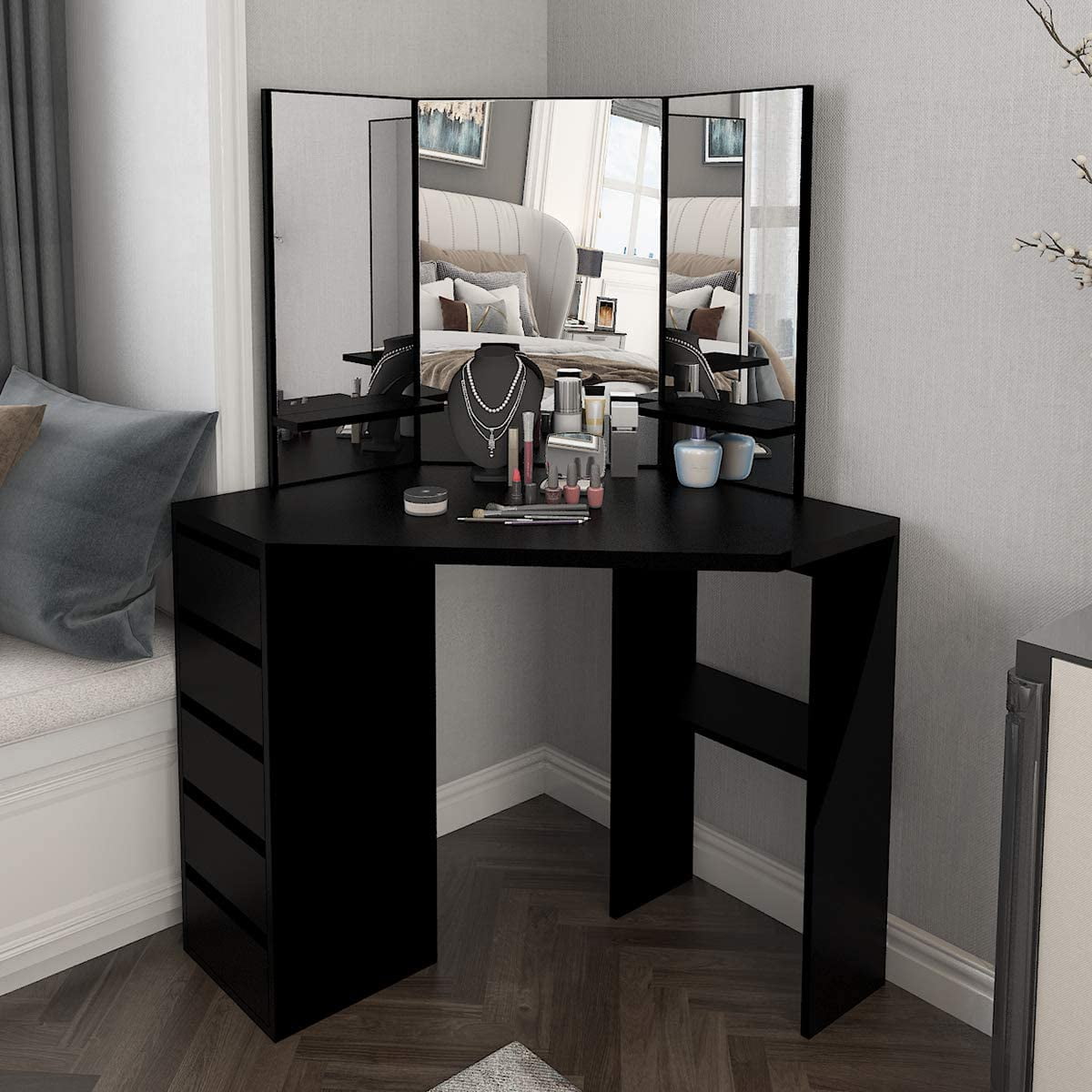 Black Wooden Corner Dressing Table With Mirror and Stool,5 Drawers Makeup Desk With Storage,Modern Vanity Dresser Set For Bedroom 