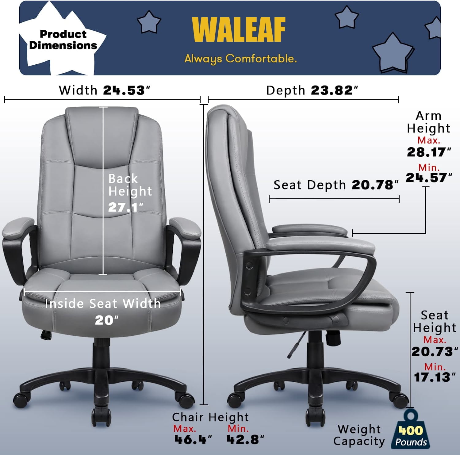 Waleaf Home Office Chair, 8Hours Heavy Duty Design, Ergonomic High Back Cushion Lumbar Back Support, Computer Desk Chair, Big and Tall Chair, Adjustable Executive Leather Chair With Arms