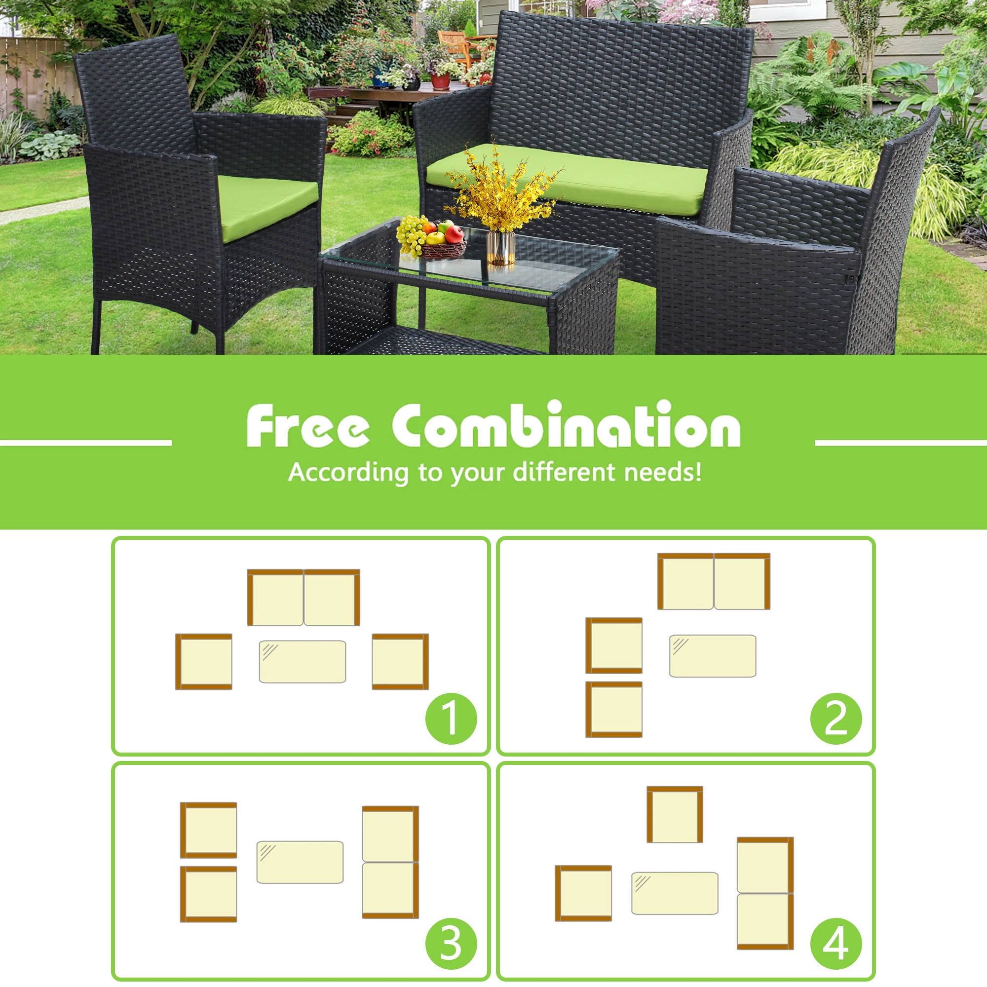 4 Pieces Outdoor Wicker Conversation Set, All-Weather Rattan Patio Furniture Sets with Arm Chairs, Tempered Glass Tabletop and Cushions, Sectional Sofa Set for Backyard, Garden, Poolside