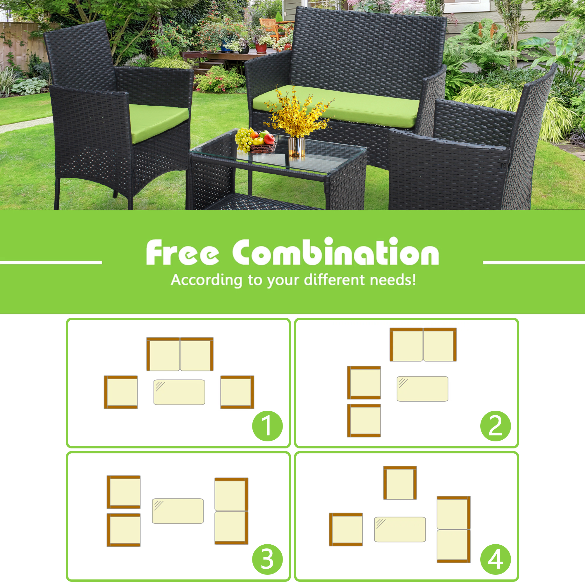 4-Piece Patio Outdoor Rattan Chair, Bistro Table Conversation Set, with Soft Cushion & Glass Table, Patio Rattan Conversation Furniture Set, Leisure Furniture Set for Garden Backyard Balcony, T194 - image 5 of 8