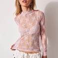 thumbnail image 3 of Tshirts For Women Mesh See Through Floral Embroidery Round Neck Long Sleeve Slim Tunic Tops Pullover T Shirts Holiday Wear,Pink,M, 3 of 8