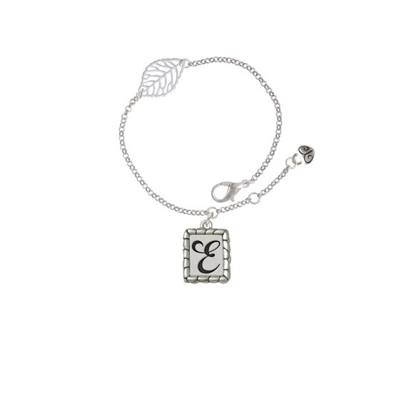 Delight Jewelry Silvertone Pebble Border Initial - E - Silvertone Leaf Delicate Bracelet, 6.25+1.75"