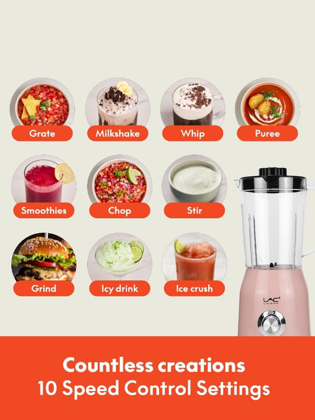 Lac Laichy 300W Countertop Blender for Smoothies, 54oz and 12oz Cups Pink