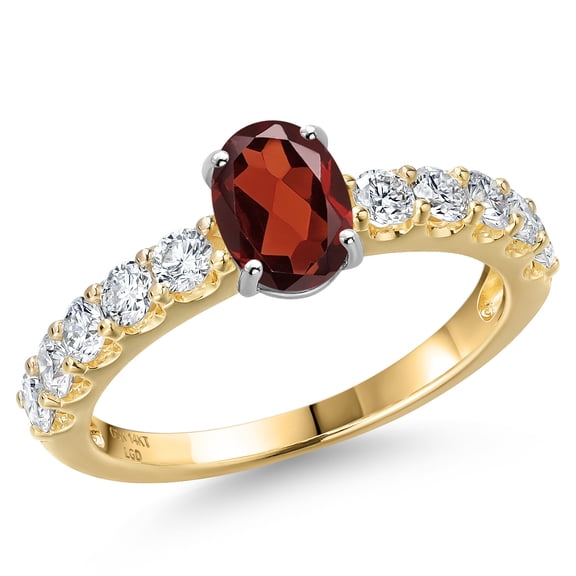 Gem Stone King 14K Two Tone Gold Red Garnet and Lab Grown Diamond Engagement Ring for Women | 1.52 Cttw | Oval 7X5MM | Gemstone January Birthstone | Size 7