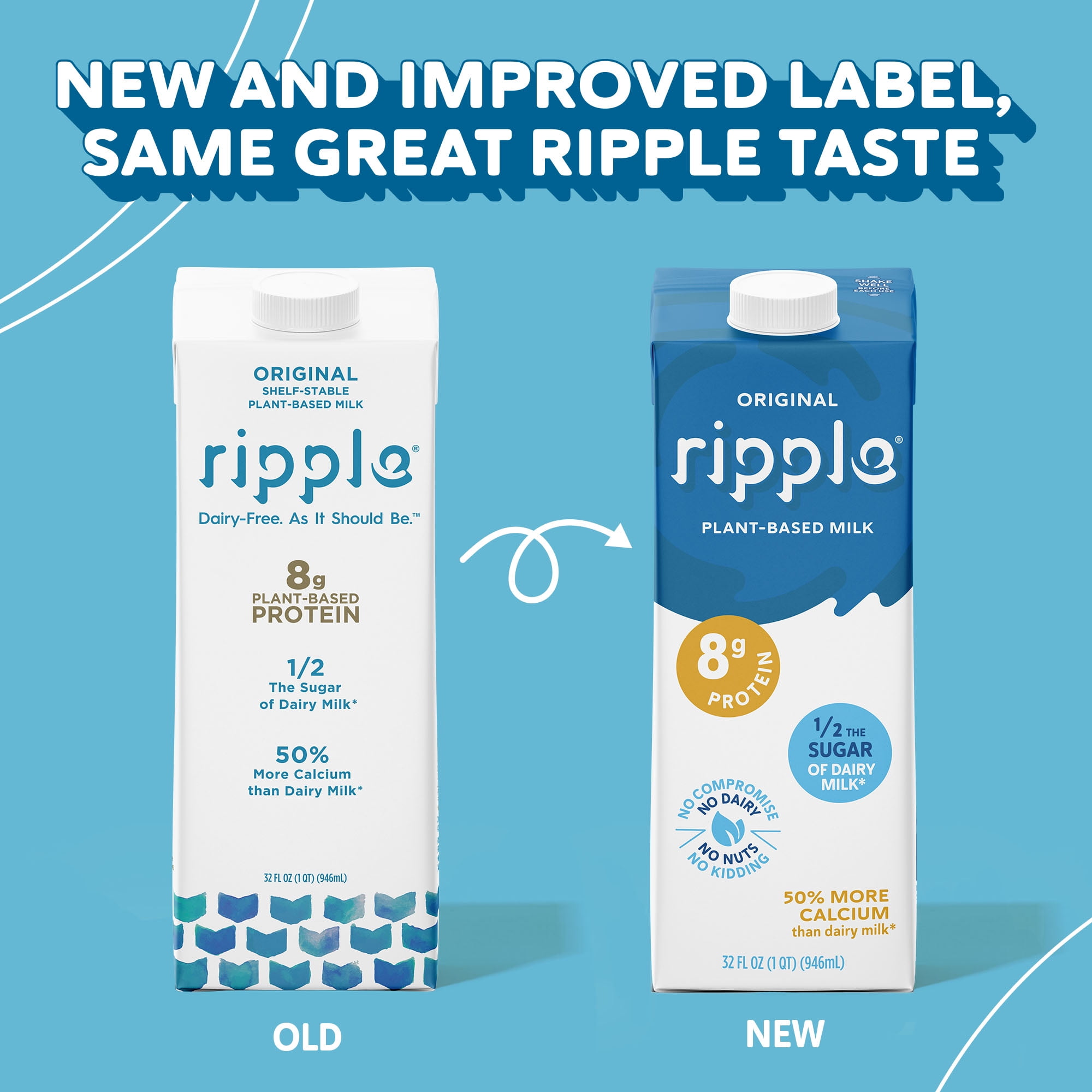 Ripple Original Non-Dairy Milk, Plant-Based, Shelf Stable, 32 oz, Pack of 6