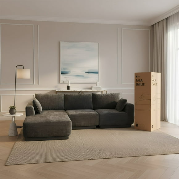 Sala Modular en Forma de L de 3 Plazas con Chaise Longue | Emilie Gris | Tapizado en Tela Resistente con Cojines Decorativos