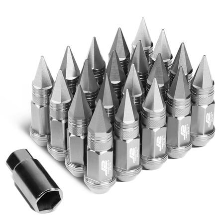J2 Engineering LN-T7-022-15-SL J2 Engineering 7075 -T6 Forged Aluminum M12X1.5 20Pcs 80mm Height Spiky Cap Lug Nut Set w/Adapter Key (Silver)