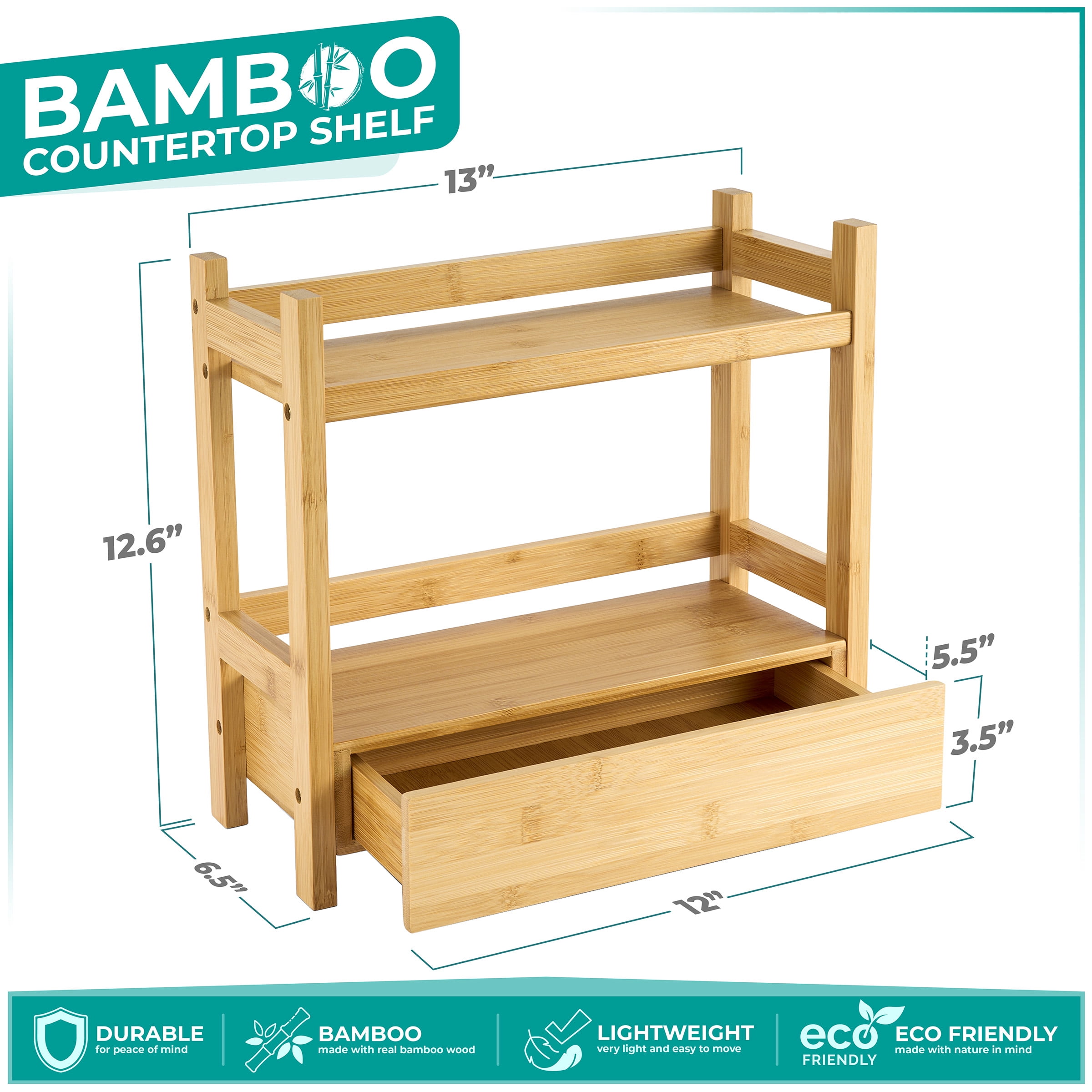 Sorbus 2-Tier Bamboo Shelf with Hidden Drawer - Bathroom Storage