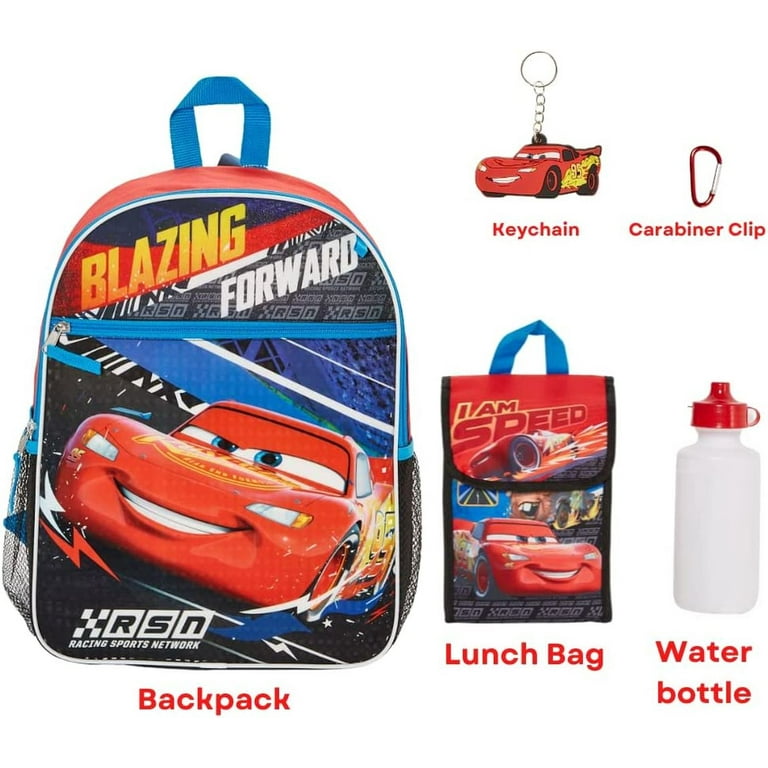 Disney Cars Boys Lightning McQueen Backpack with Lunch Bag Water Bottle 5 Piece Set 16 inch, Boy's, Red