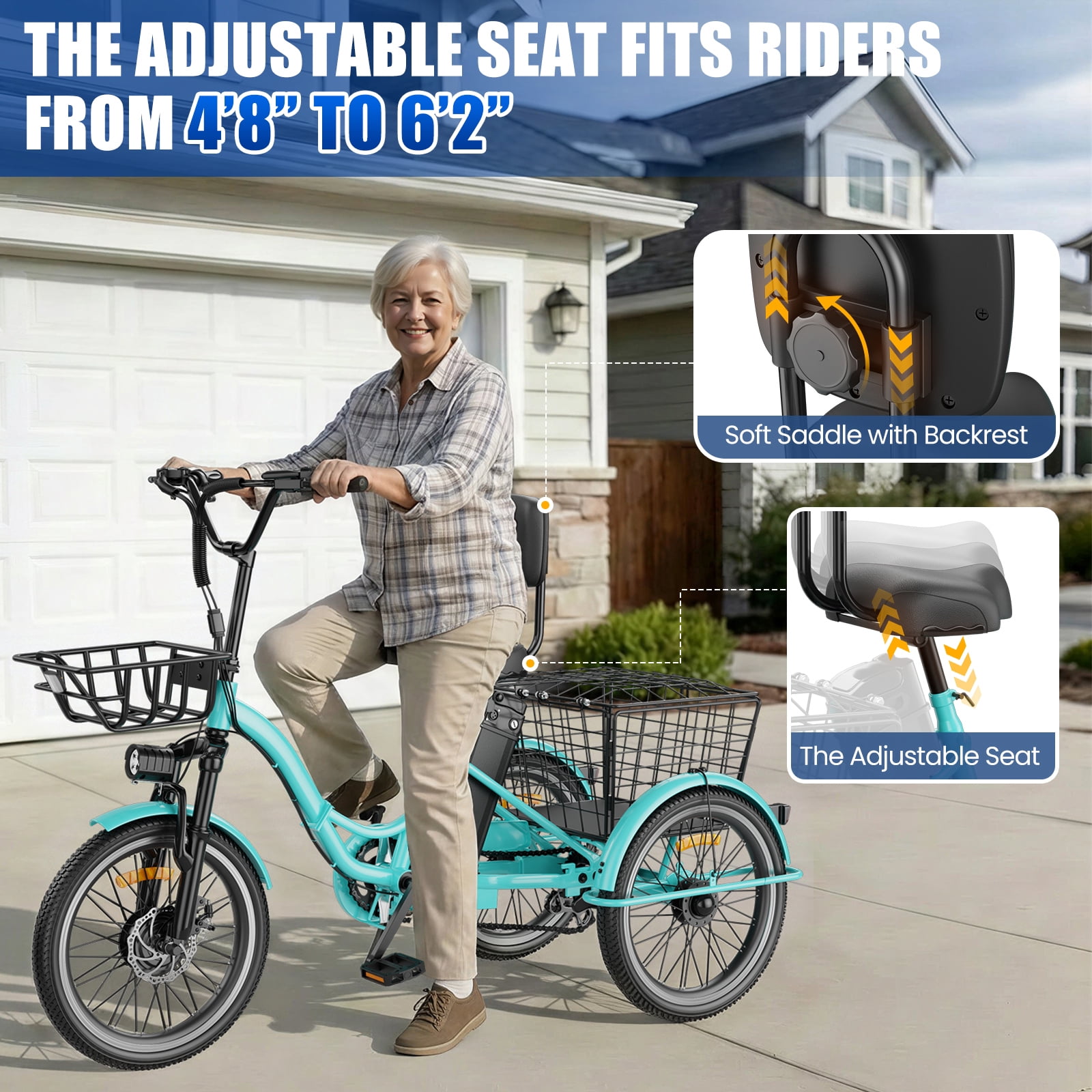 Flycity Electric Tricycle for Adults, Peak 1200W Electric Trike with 48V 15Ah Removable lithium battery, 20" 7 Speeds 3 Wheels Electric Bikes, Green
