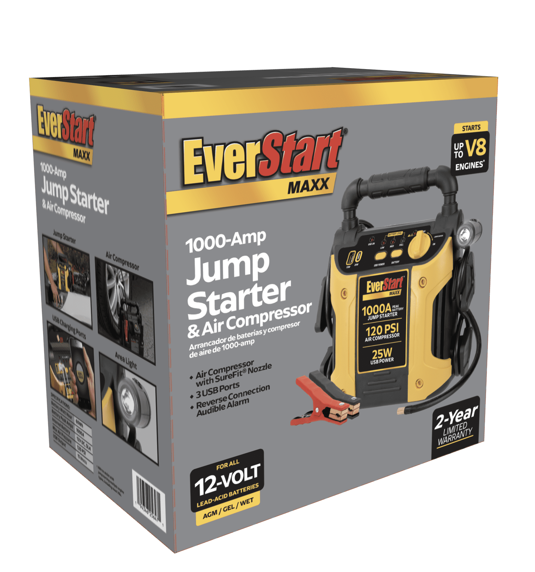 EverStart Maxx 1000 Peak Amp Jump Starter with 120 PSI Compressor, Pivoting LED Light, 3X USB Ports