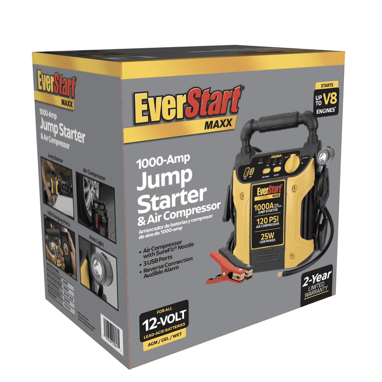 Free Shipping! Ever Start Maxx 1000 Peak Amp Jump Starter with 120
