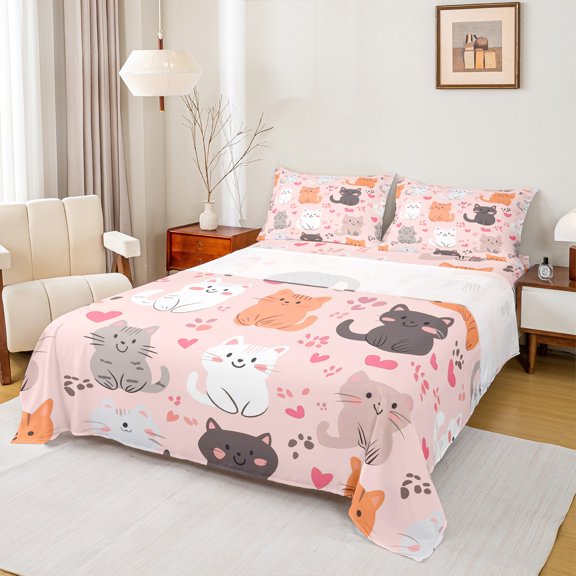 Castle Fairy Kawaii Cats 3Pcs Twin Sheet Sets for Teens Boys Girls,Cartoon Animal Twin Fitted Sheet,Love Heart Print Breathable Flat Sheet,Super Cozy Room Decor