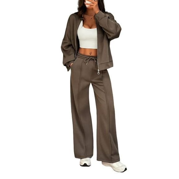 Women'S 2 Piece Outfits Oversized Fleece Sweatsuit Zip Up Long Sleeve Sweatshirt with Wide Leg Sweatpants Brown S