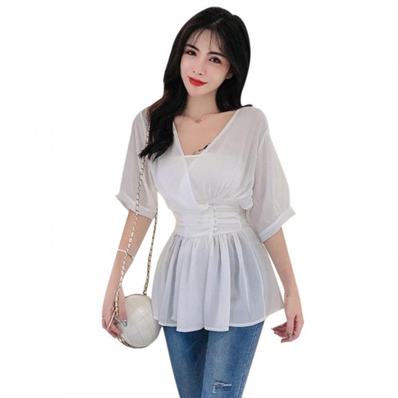 Women's Short Sleeve Casual Chiffon Blouse V-Neck Wist Pullover Tops