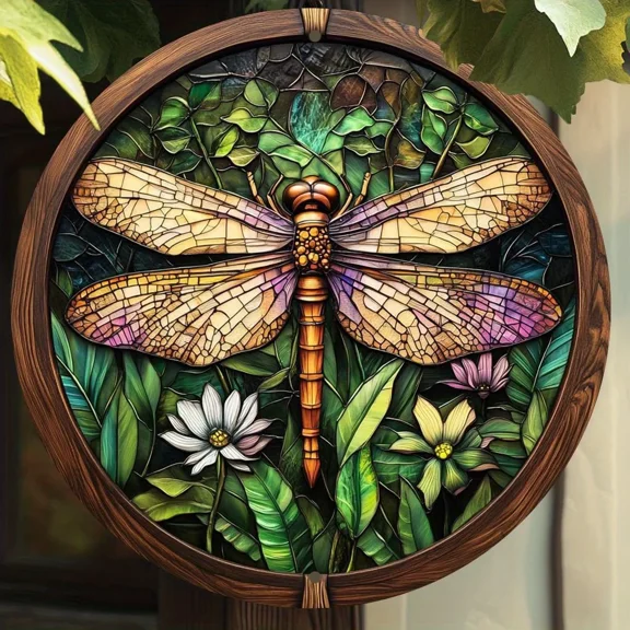 HELLOYOUNG Vintage Dragonfly Stained Glass Round Metal Wall Art 8x8 Inch, Aluminum Decor for Home Living Room Rustic Outdoor Garden Patio