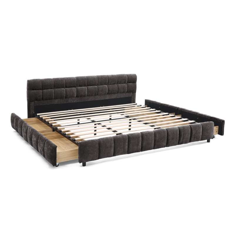 King Size Upholstered Platform Bed with 4 Storage Drawers, Low-Profile Chenille Grounded Bed with Headboard and Solid Frame, No Box Spring Needed