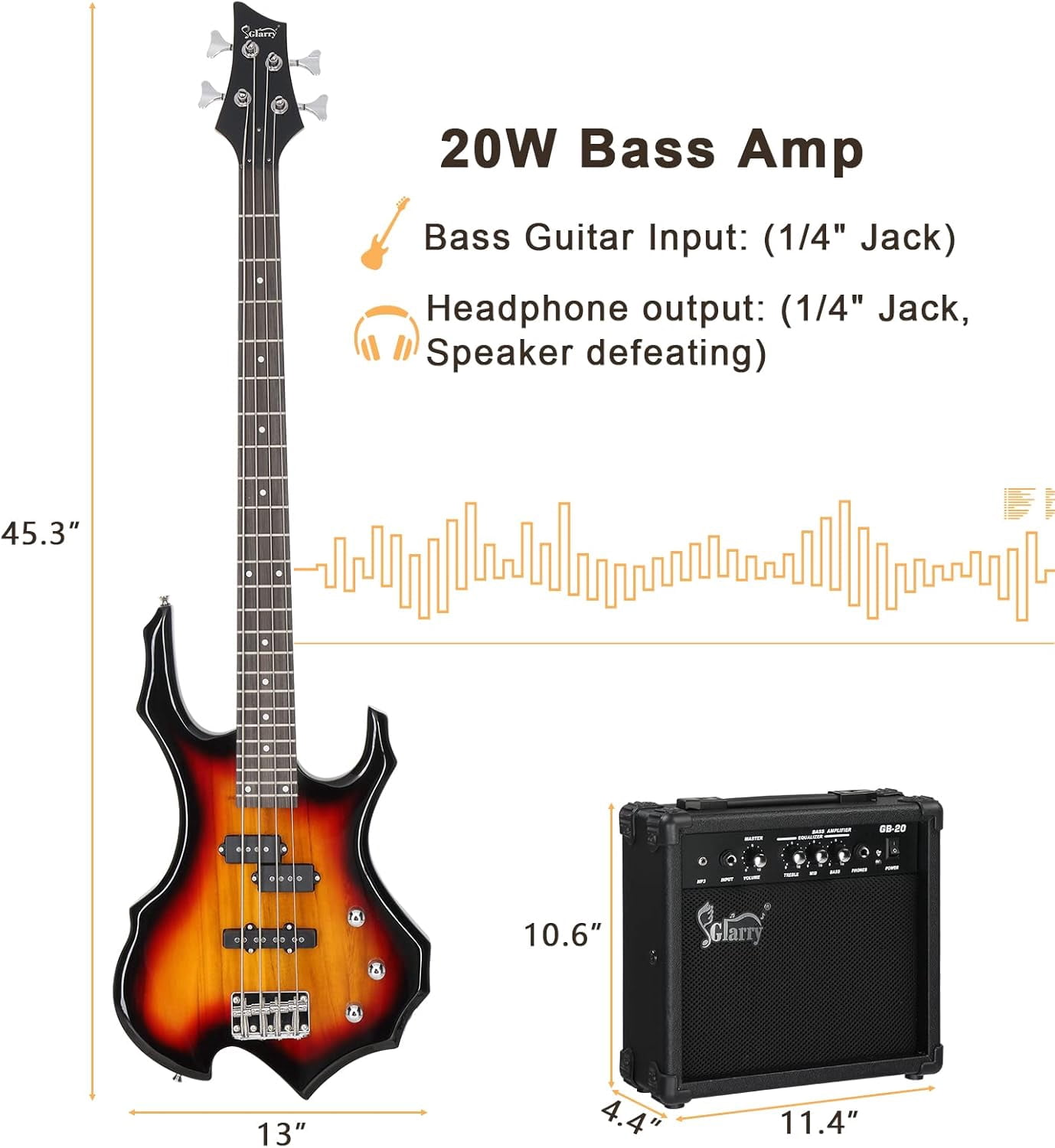 GLARRY Electric Bass Guitar 4 Strings Buring Fire Style Single Coil - Split Single Coil Pickups for Beginner Adults Right Hand w/ 20W Amp, Bag, Strap and Cord (Black)