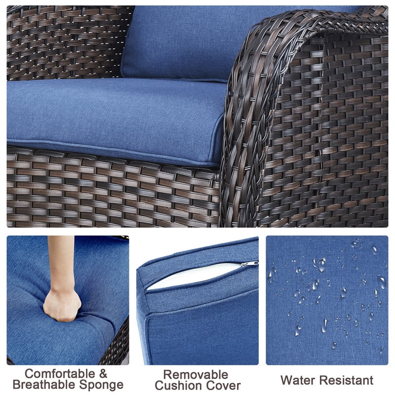 PARKWELL 4-Piece Outdoor Patio Furniture Set 5-Seat High Back Conversation Set with 41" Fire Pit Table and Swivel Glider for Patio Garden Deck,Brown Wicker Navy Cushions
