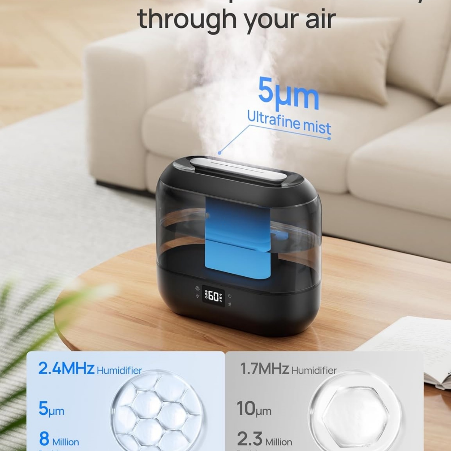 Humidifiers for Bedroom, Top Fill 4L Smart Cool Mist Humidifier with Oil Diffuser, Cartridge, Nightlight, 36H Runtime, Quiet Ultrasonic Humidifiers for Home, Baby Nursery, Plants, Office,