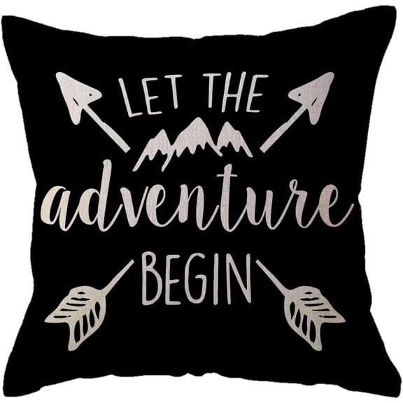 Adventure Arrow Throw Pillow Covers Mountain Forest Pillowcases 18 x 18 Inch Let The Adventure Begin Decorative Cushion Covers for Cabin/Camper (Black)