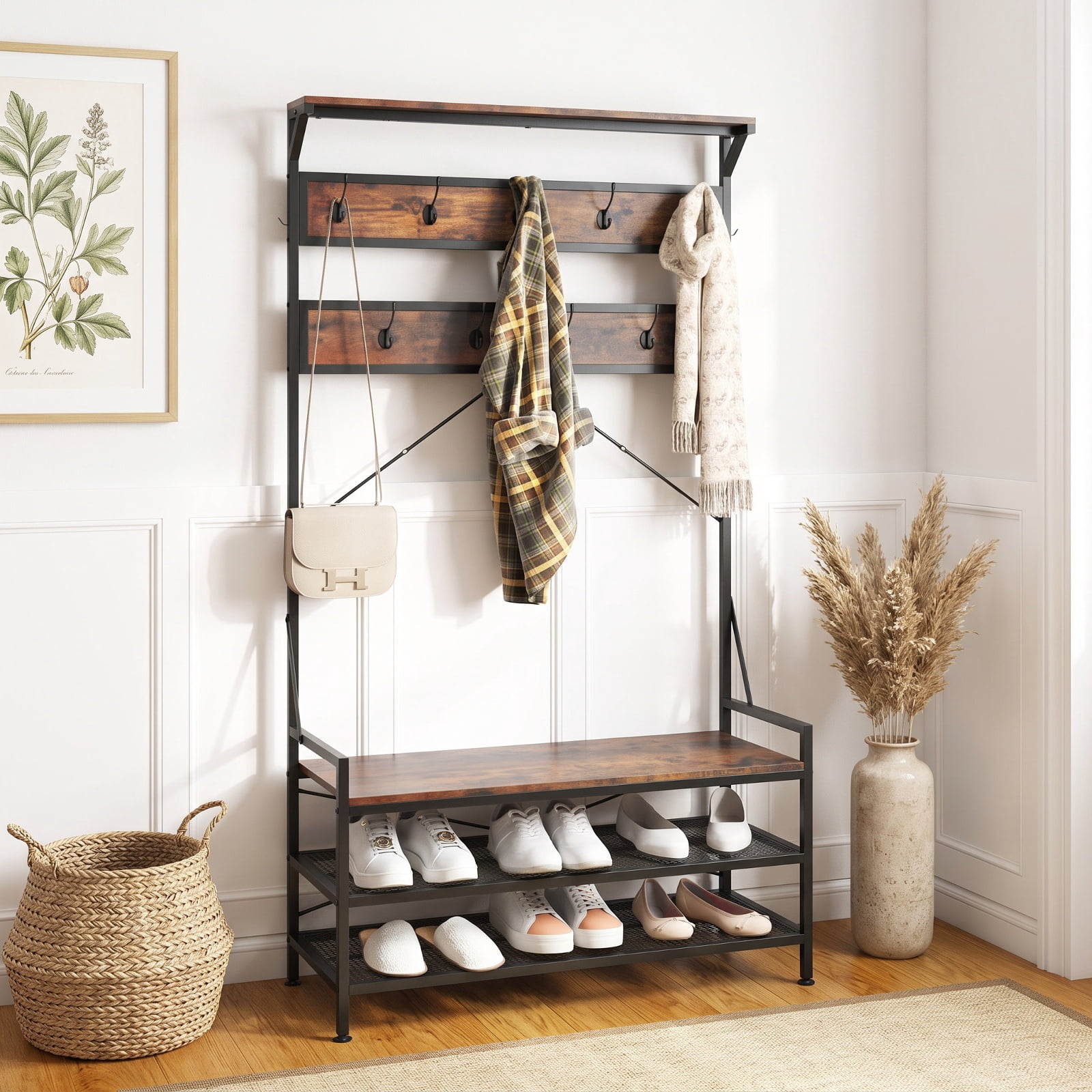 Furnibear 4 in 1 Hall Tree Coat Rack with 11 Hooks and Shoe Bench and Storage Shelf for Mudroom and Entryway, Rustic Brown