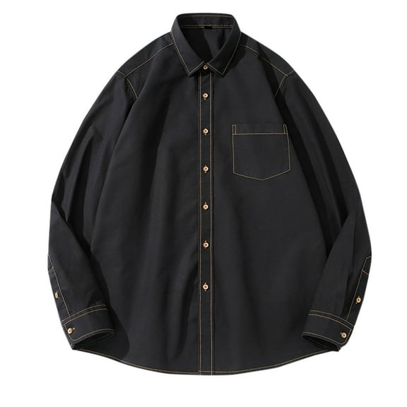 JTieacloth Mens Stretch Shirts Mens Denim Long Sleeved Shirt Casual And Comfortable Solid Color Trend Work Clothes Youth Shirt Jacket Black