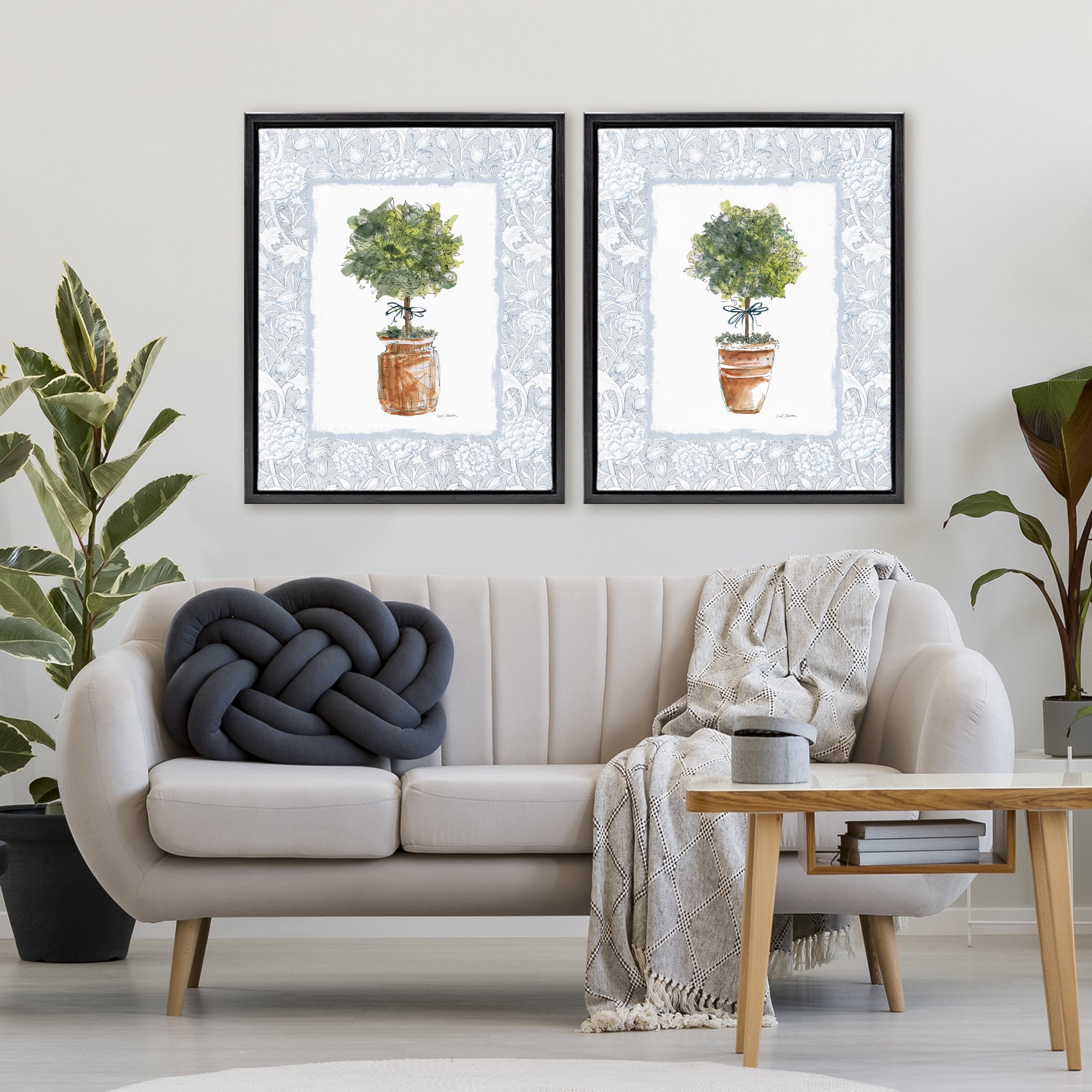 Stupell Industries Potted Topiary Plants 2 Piece Black Framed Floater Canvas Set, design by Carol Robinson