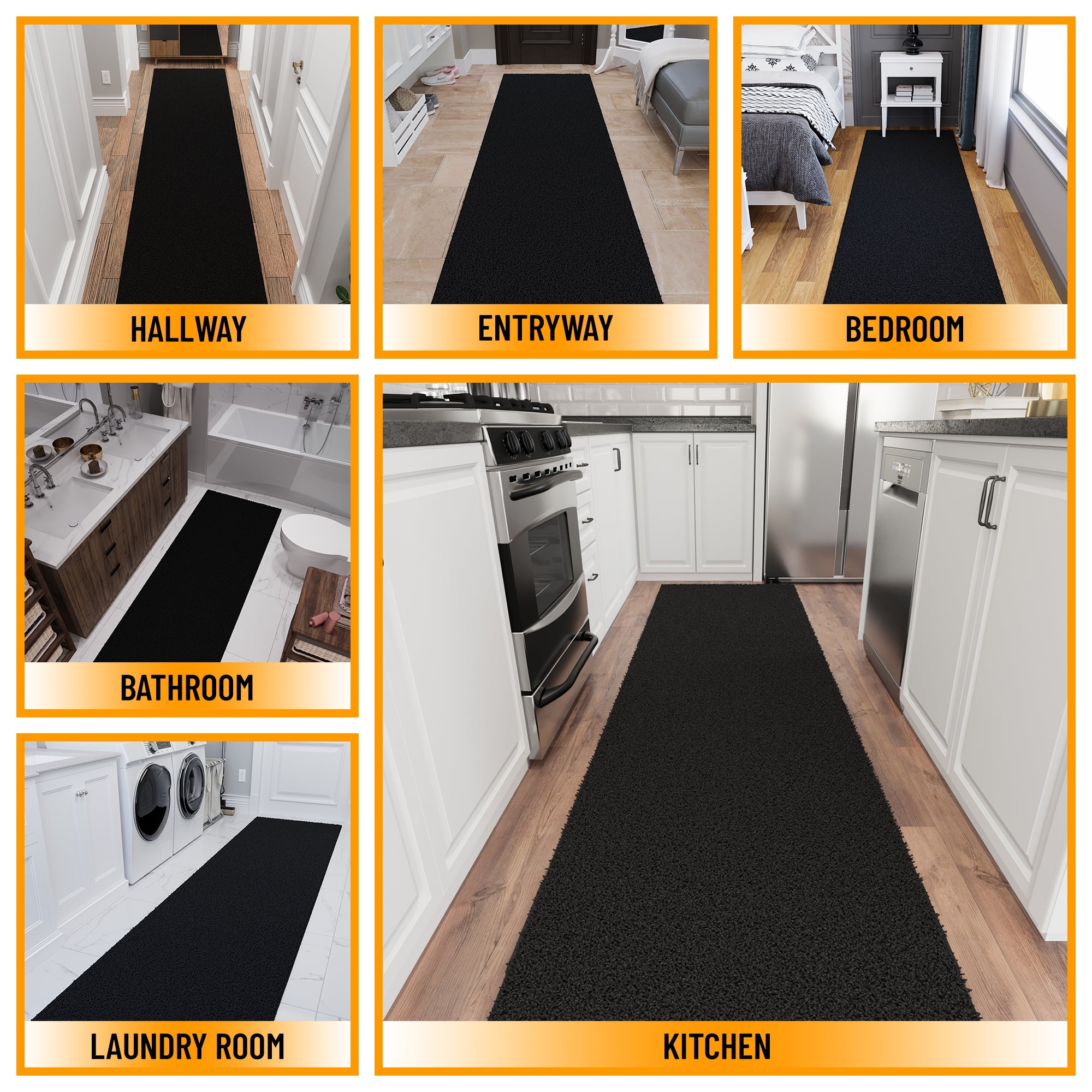 Ottomanson 3x21 Non-Slip Shag Runner Rug Plush Carpet for Bedrooms & Hallways, 3' x 21', Black