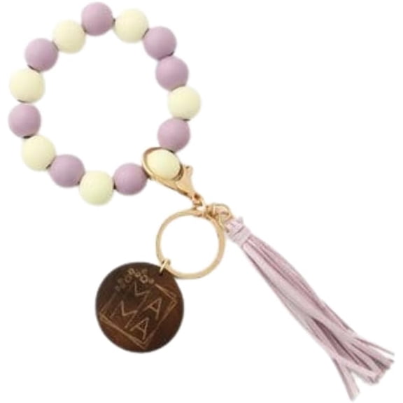 Silicon Beads Wooden Disc Bracelet Tassel Keychain Wristlet Gift for Her Key Ring
