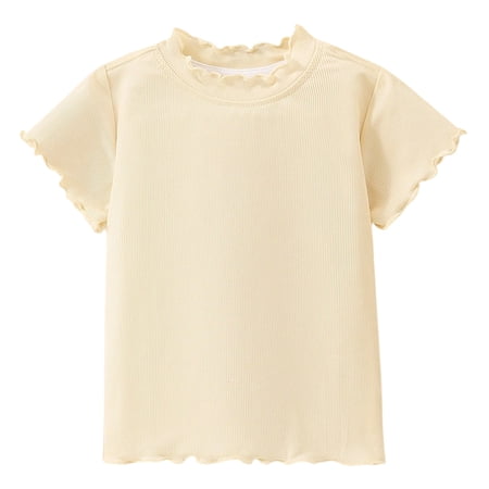 Adeawade Girl T Shirts Elastic Short Sleeve Top Solid Color Loose Fit Tee Round Neck Blouse Leisure Clothing Beige 5-6 Years