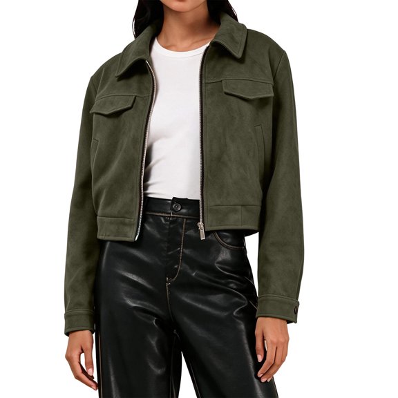 Iyufng Womens Lapel Suede Cropped Jackets Long Sleeve Zip Up Casual Short Coat with Side Pockets