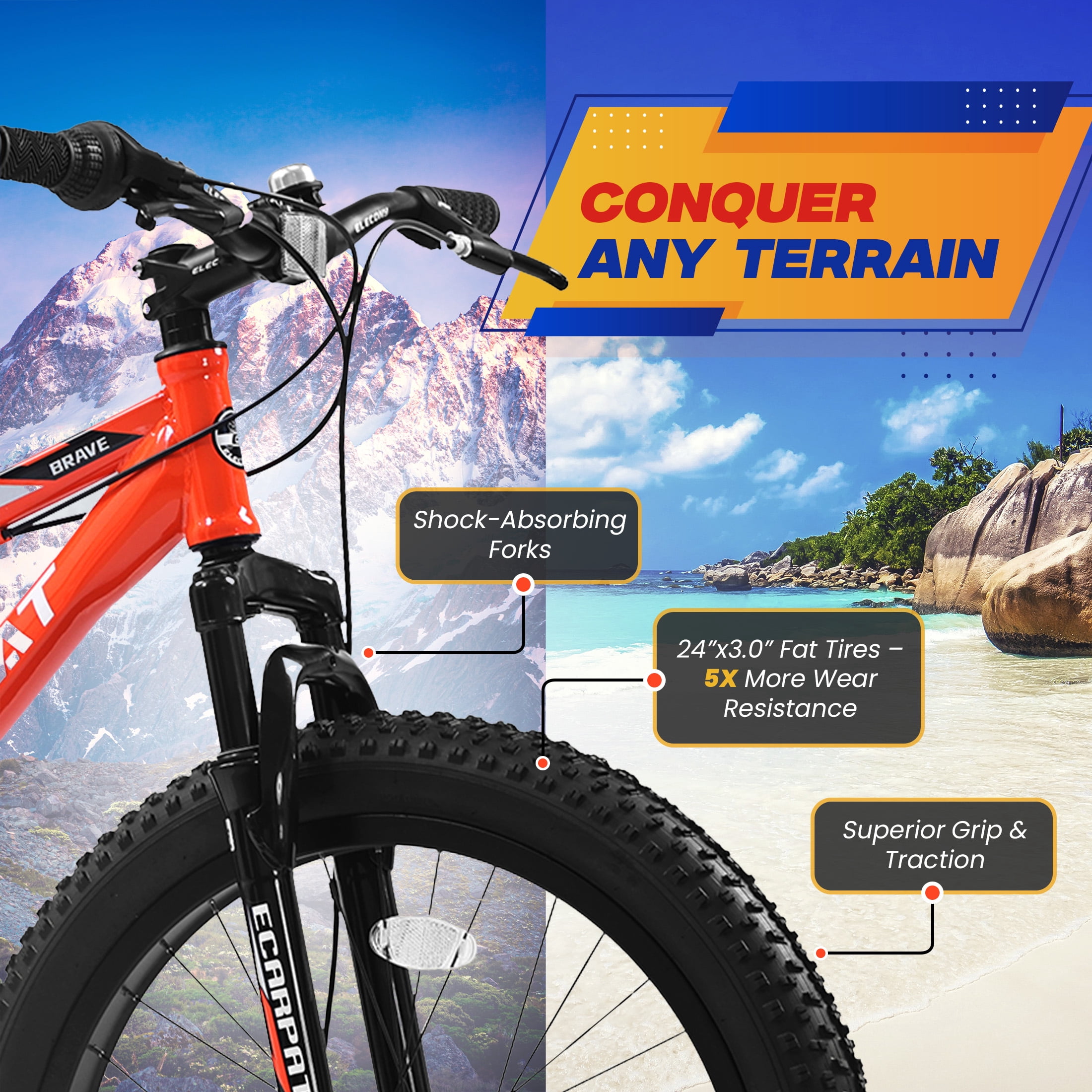 24 inch Fat Tire Bike,7-Speed Orange Trail Mountain Bike for Adult with Dual-Disc Brakes
