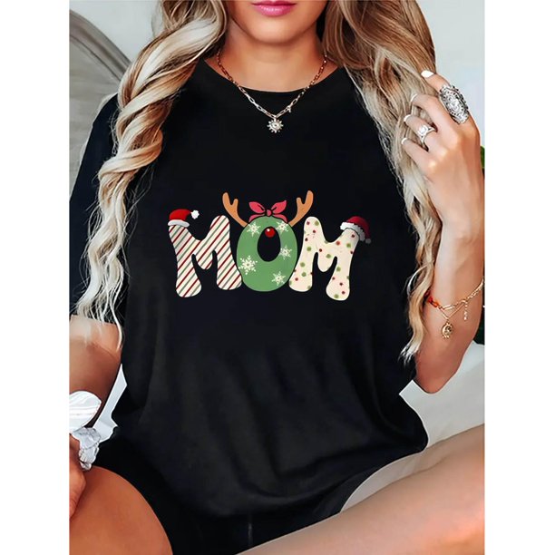 1pc Festive Reindeer Antler Christmas Print Women'S Casual Round Neck Short Sleeve T-Shirt, Polyester Knit Fabric, Comfortable Holiday Summer Top, Global Seasonal Style