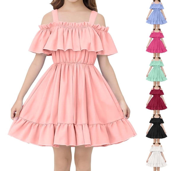 THDHVS Dresses for Girls,Solid Color Off Shoulder Ruched Ruffle Hem Sleeveless Dress Casual Style for Little Girls Summer,Toddler Girl Dress Wine 5-6 Years
