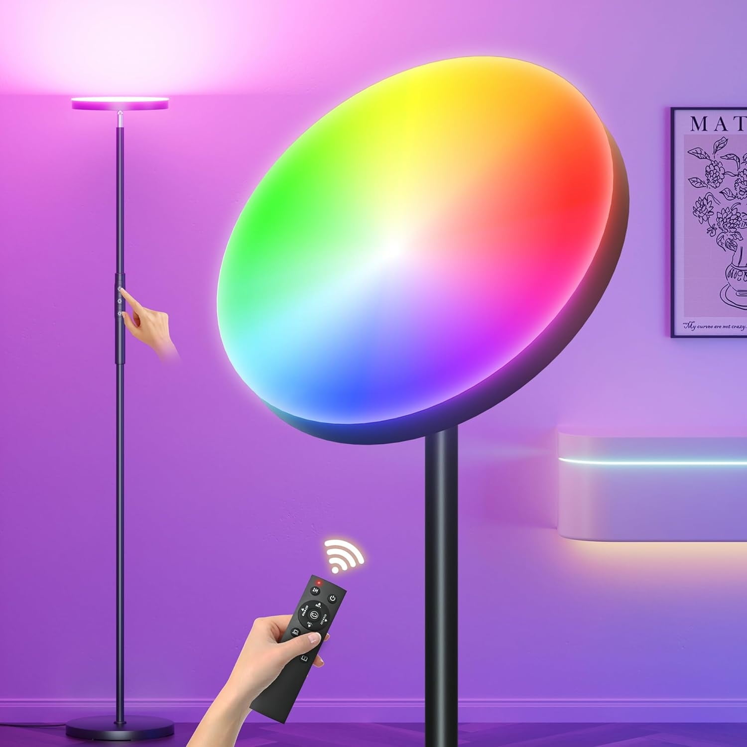 RGB Floor Lamps for Living Room, 3600LM 36W Bright LED Standing Lamp with Remote, Modern Color Changing Tall Lamp with Stepless Dimming, 69" Corner Floor Lamp for Bedroom, Office