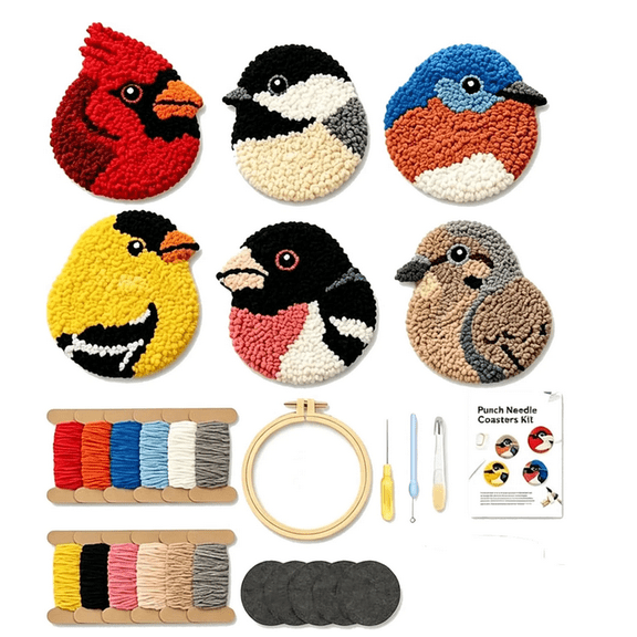 DIY Bird Coasters Punch Needle Kit,for Beginners Stress Relief Craft Set Including Yarns Hoop Tools Instructions for Adults Home Decor