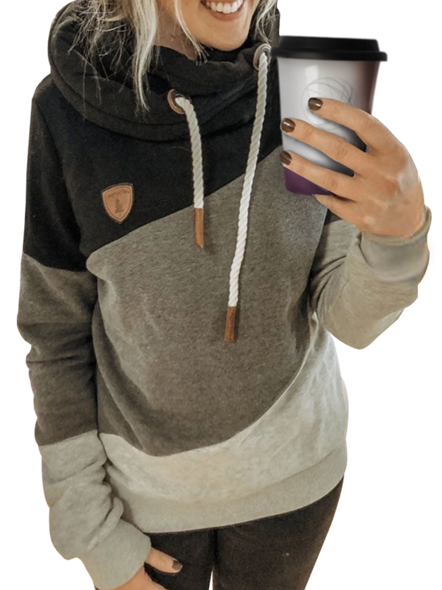 Women's Cowl Neck Hoodie Thermal Hooded Sweatshirts Loose Fit Fall Tops with Pockets 
