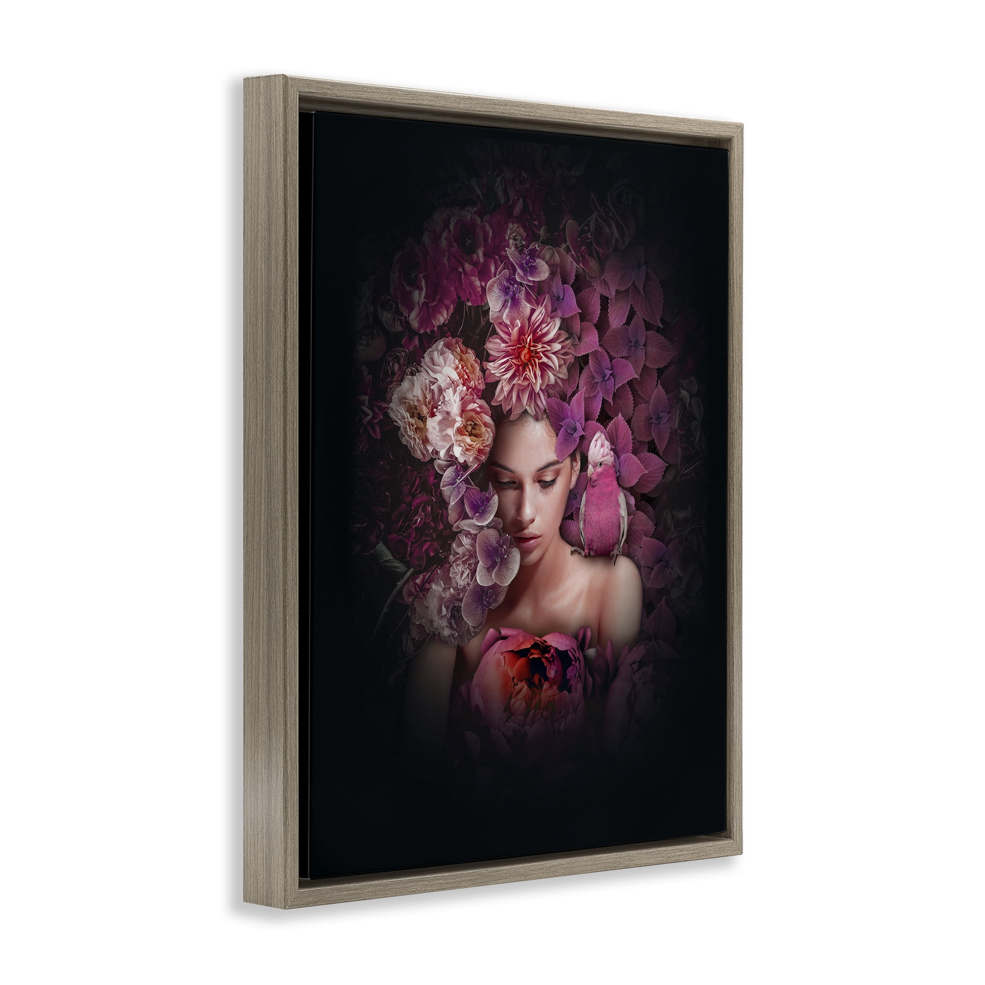 Stupell Industries Circular Flowers Woman Plants & Flowers Painting Brown Floater Framed Canvas Art Print Wall Art, 25 x 31