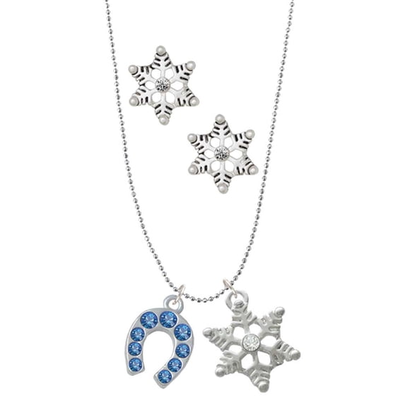 Delight Jewelry Silvertone Blue Crystal Horseshoe Silver tone Snowflake Charm Necklace and Stud Earrings