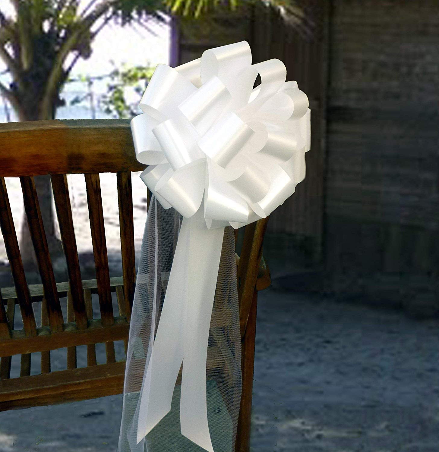 Large White Wedding Pull Bows with Long Tulle Tails - 9" Wide, Set of 6, 4th of July, America 250 Anniversary, Wedding Pew Bows, Mother's Day, Aisle Decor, Reception, Wreath, Anniversary, Graduation