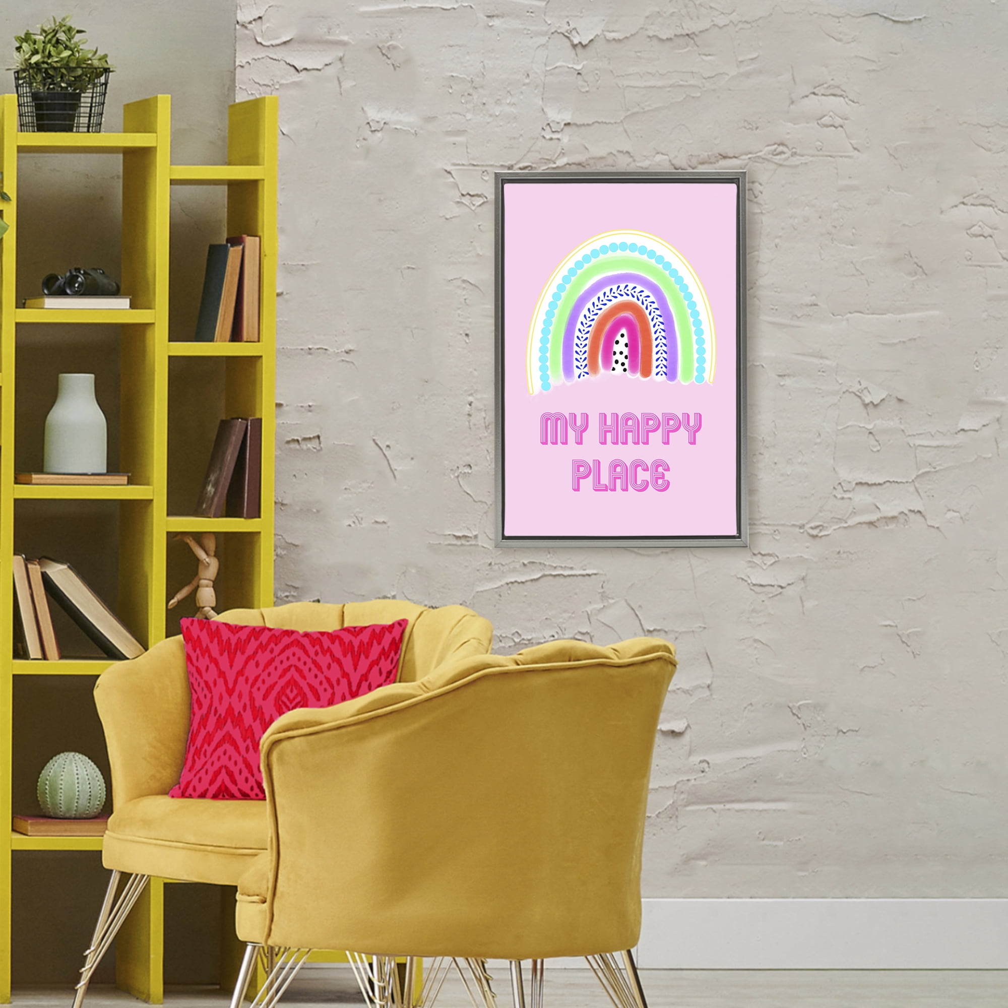 Stupell Industries Happy Place Dotted Rainbow Gray Framed Floater Canvas Wall Art, design by Pooja Dave