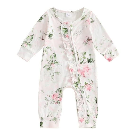 Musuos Baby Girls Fall Romper 0-18Months Floral Print Zipper Long Sleeve Jumpsuits for Newborn Infant