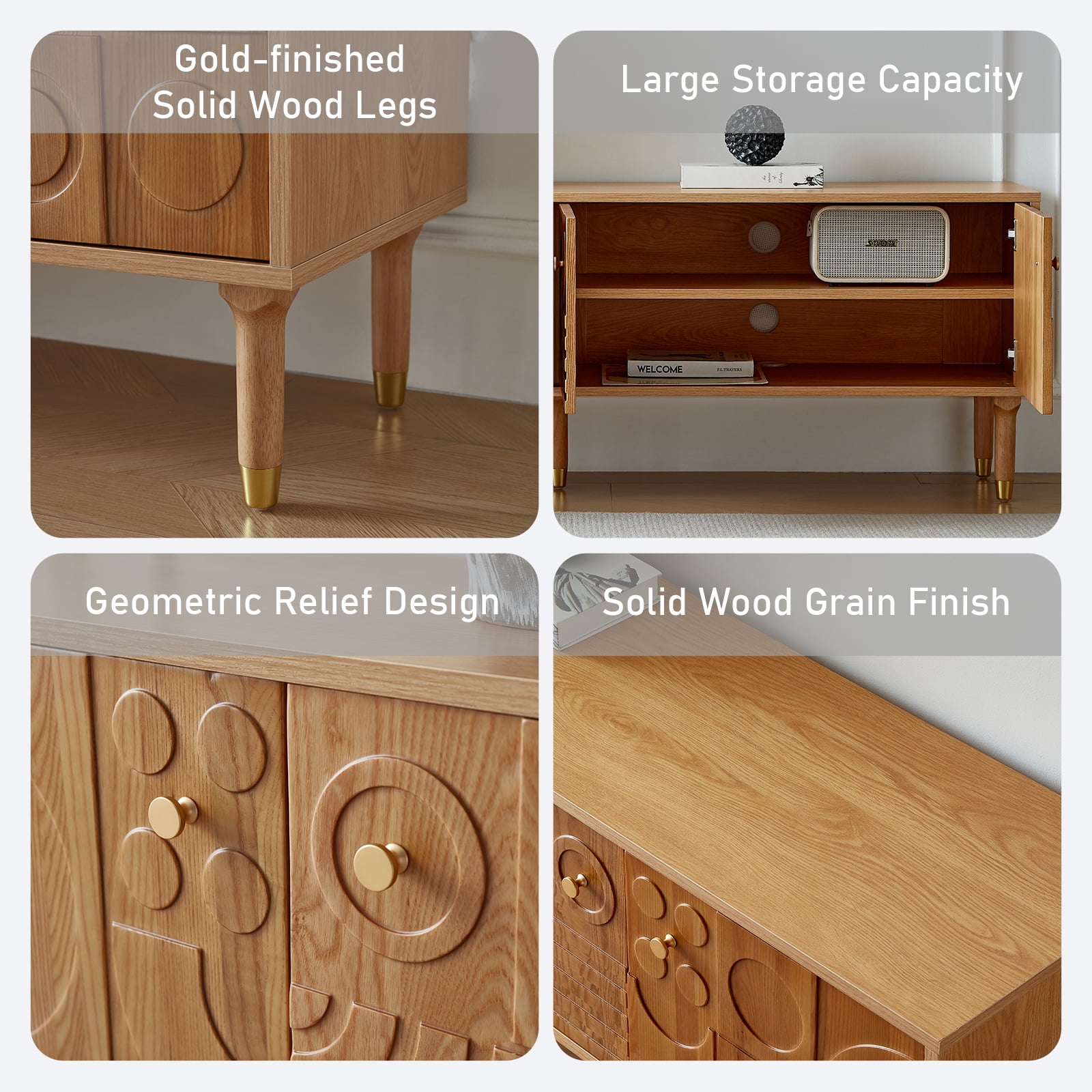 siu want Modern TV Stand for 75 inch TV, 70.9" Retro Media Console with Carved Geometric Doors & 4 Cabinets, Wood Color Entertainment Center​