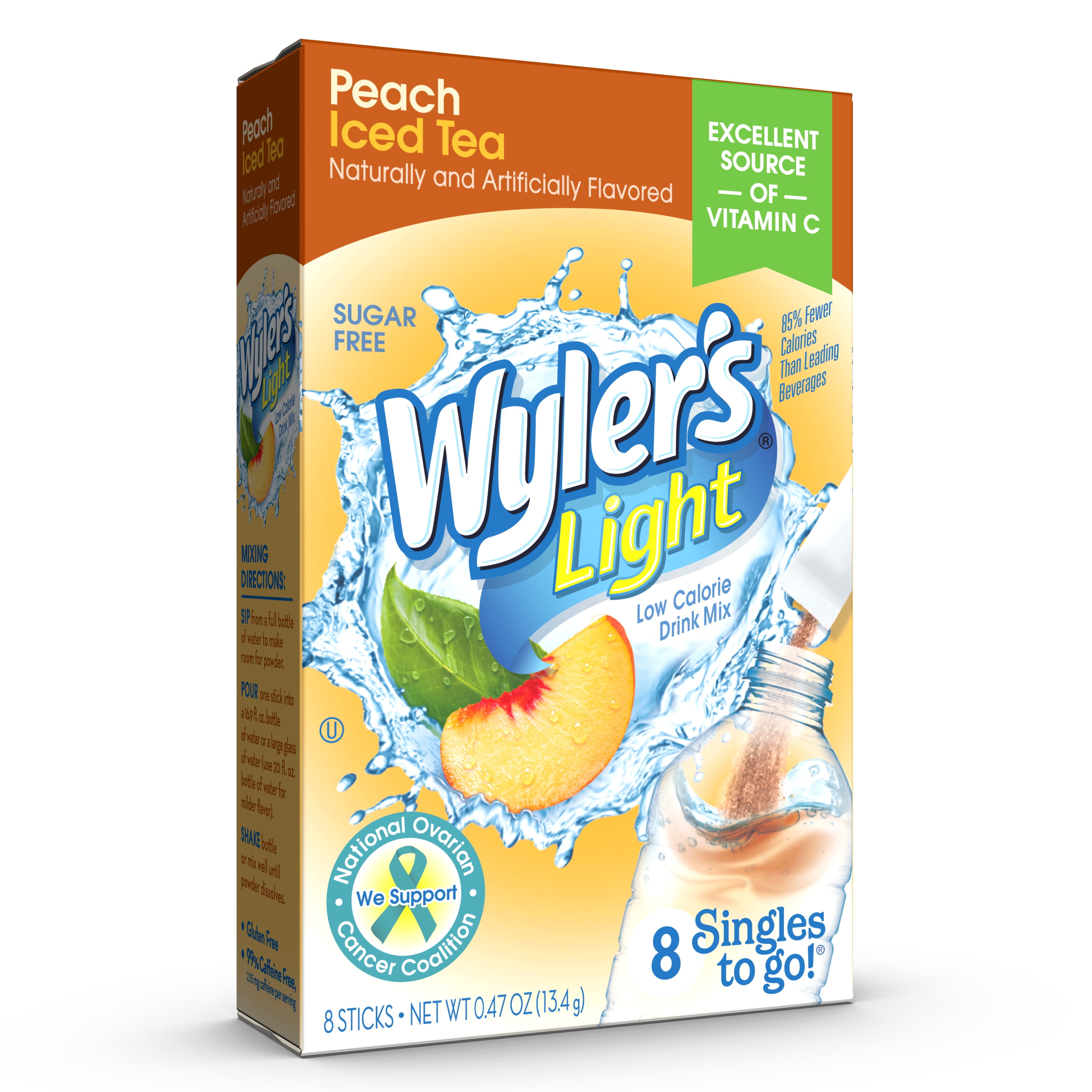 (3 pack) Wyler's Light Peach Iced Tea Powdered Drink Mix Singles to Go, Sugar-Free, 8 Count Packets