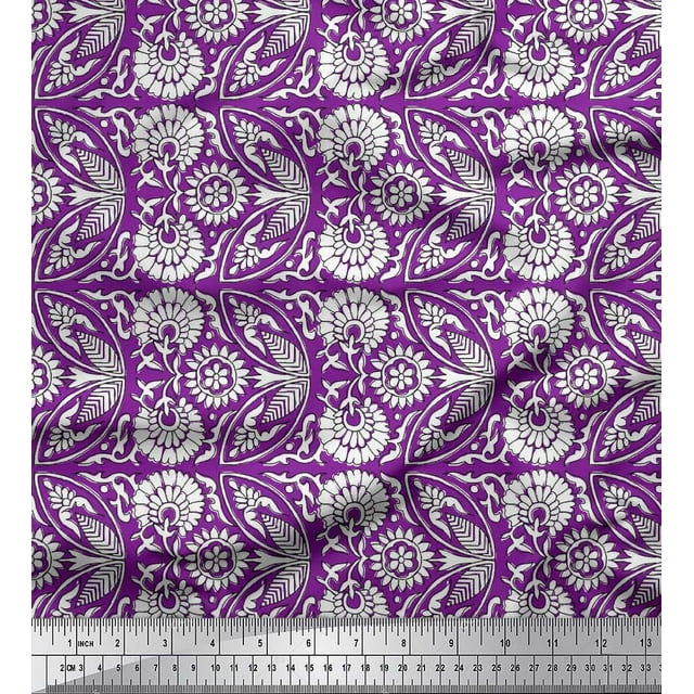 Soimoi Rayon Fabric Leaves & Floral Block Printed Fabric 1 Yard 56 Inch Wide