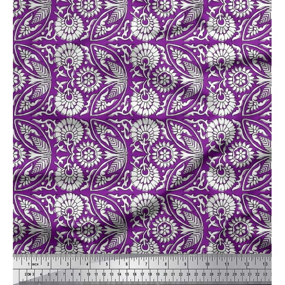 Soimoi Rayon Fabric Leaves & Floral Block Printed Fabric 1 Yard 56 Inch Wide